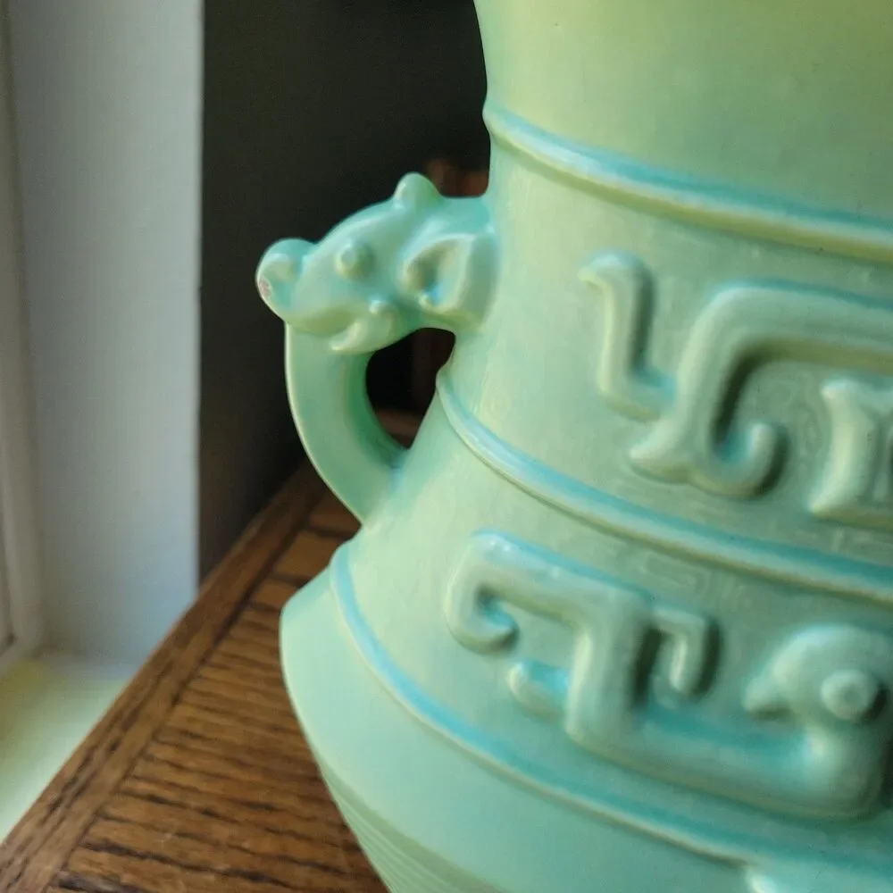 Vtg Studio Art Pottery Urn Vase Dragon Handled Mayan Motif Signed Meryl RARE MCM